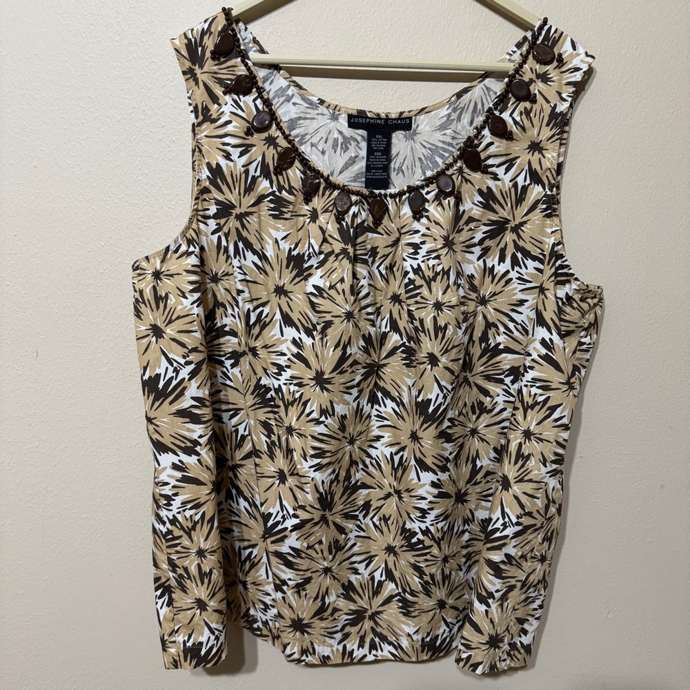 Josephine Chaus Tan and White Blouse with Floral Design